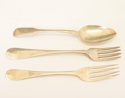 Lot 128 - Two Irish silver dessert forks and an English silver dessert spoon