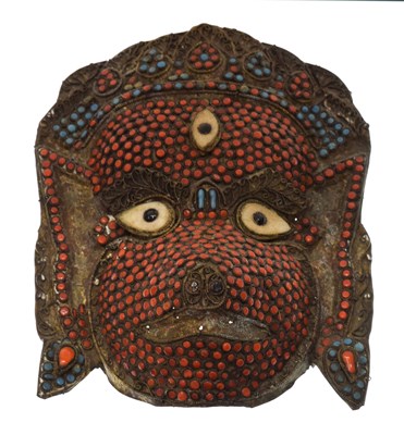 Lot 464 - Nepalese or Tibetan bead-mounted brass mask, circa 1900