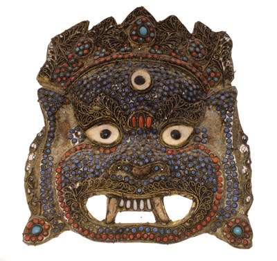 Lot 465 - Nepalese or Tibetan bead-mounted brass mask, circa 1900