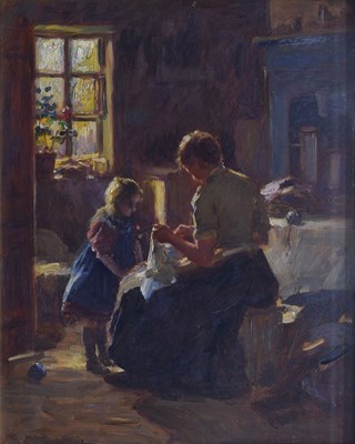 Lot 557 - Ernest Higgins Rigg, (1868-1947) - Oil on board - 'The First Lesson'