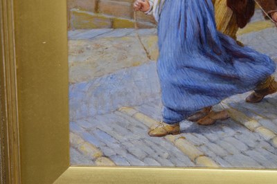 Lot 556 - Frank William Warwick Topham (1838-1924) - Oil on board - 'This Little Pig Went To Market'