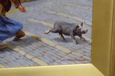 Lot 556 - Frank William Warwick Topham (1838-1924) - Oil on board - 'This Little Pig Went To Market'