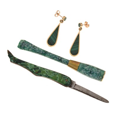 Lot 189 - Pair of malachite 9ct gold drop earrings