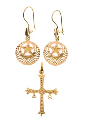 Lot 44 - Unmarked yellow metal cross pendant and pair of Turkish design earrings