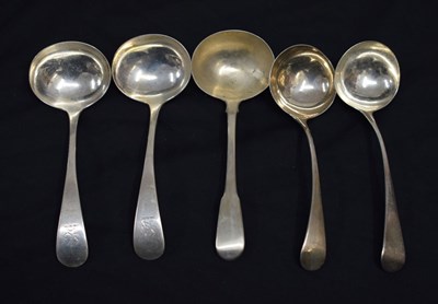 Lot 228 - Pair of George V Old English pattern sauce ladles,, and three Georgian sauce ladles