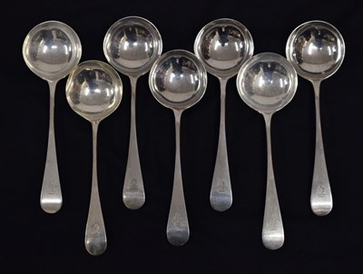 Lot 231 - Set of seven late Victorian silver soup spoons, London 1900