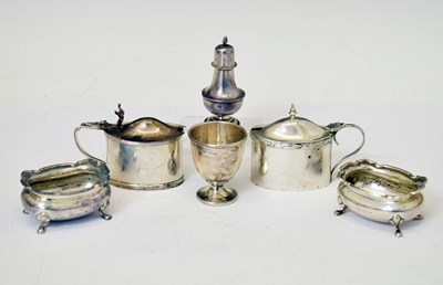 Lot 218 - Quantity of silver salts, mustard pots, pepperettes, and egg cup