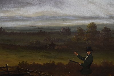 Lot 17 - 19th century British School – Oil on canvas - Sportsman with three retrievers