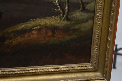 Lot 17 - 19th century British School – Oil on canvas - Sportsman with three retrievers