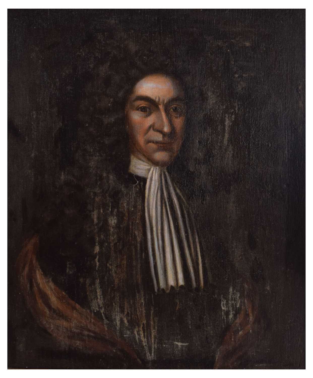 Lot 19 - 18th century oil on canvas - Portrait of a man in a wig with long fluted jabot, circa 1760