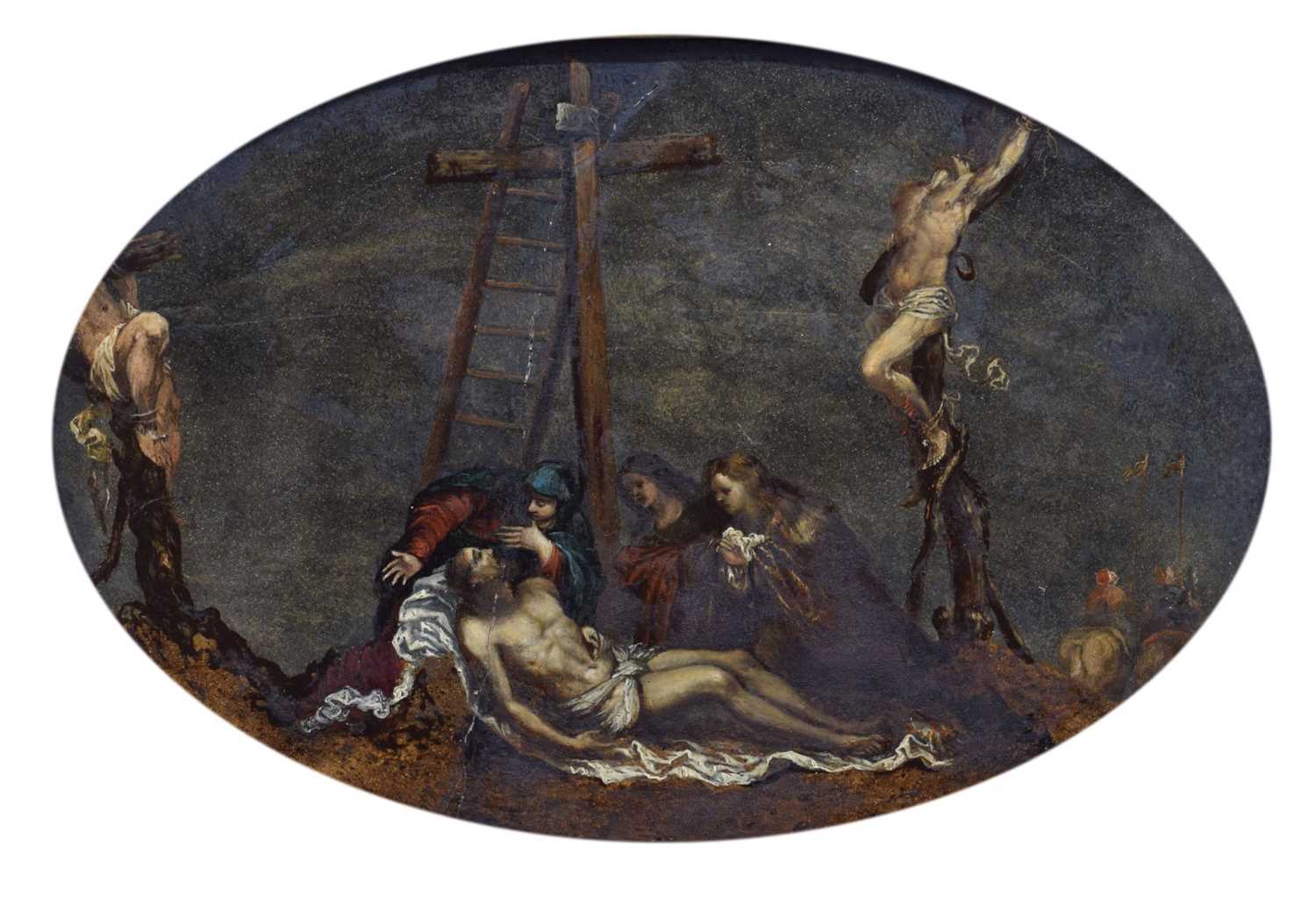 Lot 27 - Florentine School, 17th century  - Oil on slate – Christ mourned by the three Marys