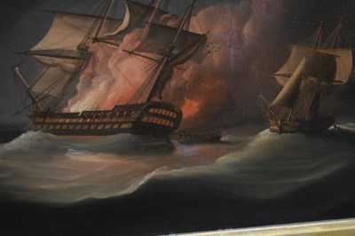 Lot 30 - Thomas Buttersworth (1768-1828) – Oil on canvas - Seascape with man-o’-war on fire