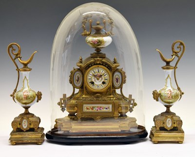 Lot 615 - Late 19th century French gilt spelter and porcelain three-piece clock garniture