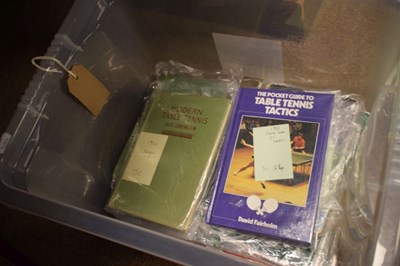 Lot 754 - Table tennis books (some signed) & bat and game