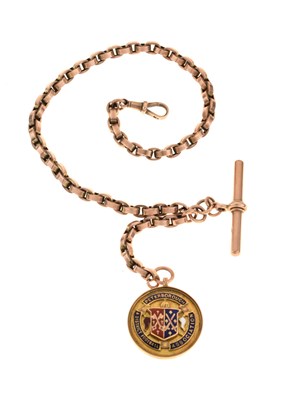 Lot 128 - 9ct gold belcher link Albert watch chain, with a 9ct gold enamel decorated medallion