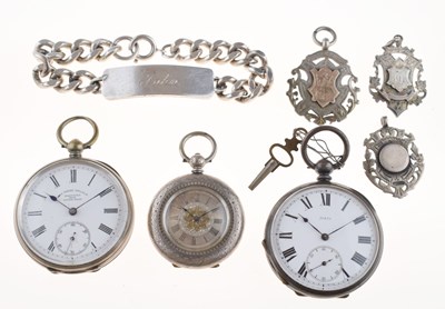 Lot 229 - Silver ID bracelet, three pocket watches and silver medallions