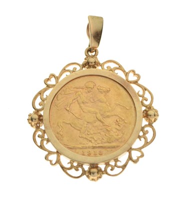 Lot 166 - George V sovereign, 1918 in 9ct gold mount