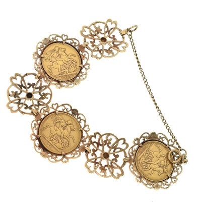 Lot 284 - 9ct gold bracelet, mounted with three gold sovereigns