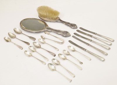 Lot 103 - Quantity of silver, together with five silver handled tea knives, silver backed dressing mirror, and brush