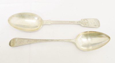 Lot 277 - George III silver tablespoon and a Victorian silver Fiddle pattern tablespoons (2)