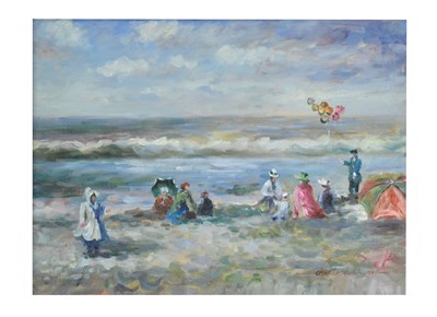 Lot 697 - Christopher Kohnn - Oil on canvas - Beach scene