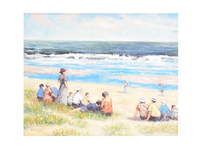 Lot 698 - Neil Lund - Oil on canvas - Beach scene with figures