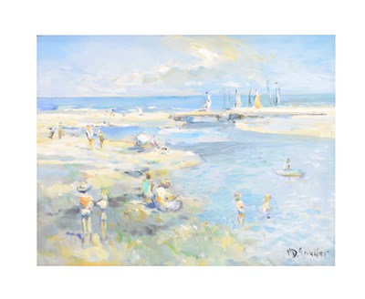 Lot 699 - M. D'Aguilar - Oil on board - Beach scene