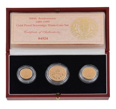 Lot 285 - Royal Mint 500th Anniversary (1489-1989) gold proof three coin sovereign set