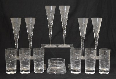 Lot 557 - Jasper Conran for Stuart Crystal - six champagne flutes, six highball glasses and low vase/coaster