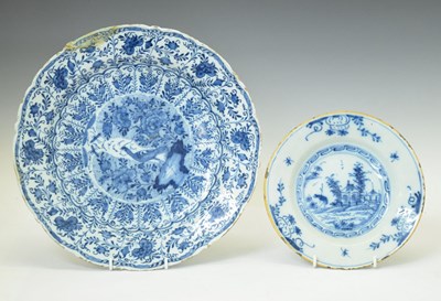 Lot 580 - Dutch Delft large plate together with Delft plate with chinoiserie decoration