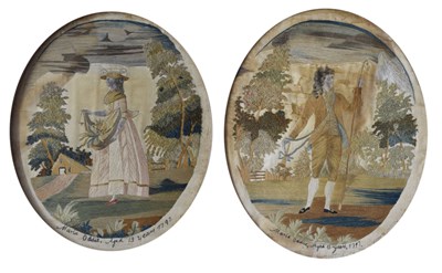 Lot 596 - Pair late 18th century oval silk work pictures of a lady and a gentleman, 1797