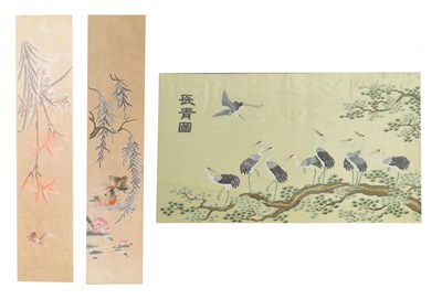 Lot 663 - Japanese silk panel of cranes, plus two other panels