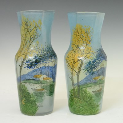 Lot 560 - Pair of Continental painted glass vases