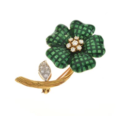 Lot 145 - 18ct gold, diamond and enamel flower brooch