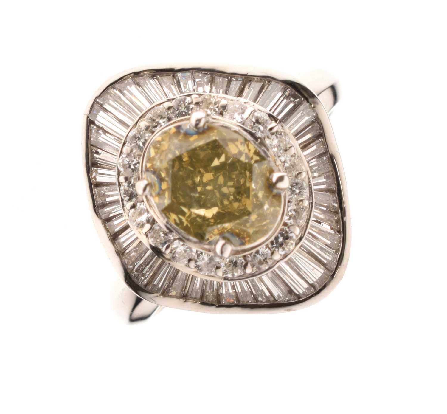 Lot 106 - Yellow diamond and diamond ballerina cluster dress ring