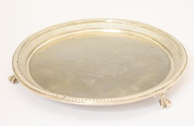 Lot 284 - Victorian silver salver with beaded border and standing on three claw and ball feet