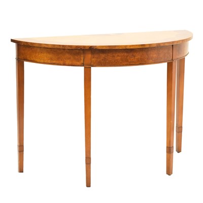 Lot 835 - Burr yew demi-lune console table