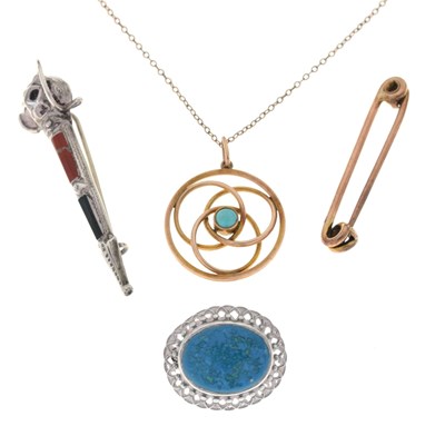 Lot 139 - 9ct safety pin and 9ct turquoise set pendant