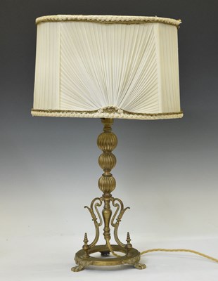 Lot 402 - Early 20th century brass lamp with pleated silk shade