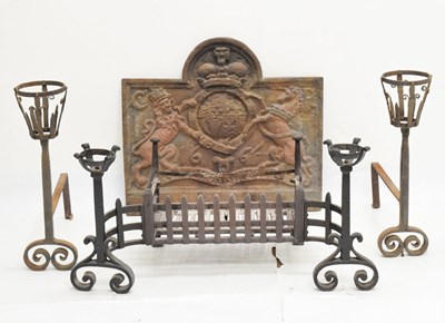 Lot 845 - Cast fire back '1664' plus fire basket