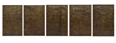 Lot 621 - Five embossed and painted leather rectangular wall panels, probably Netherlands, circa 1700