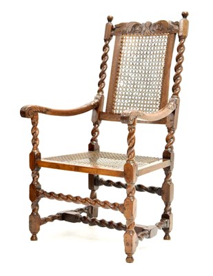 Lot 626 - Late 17th century and later walnut cane seated high back open armchair