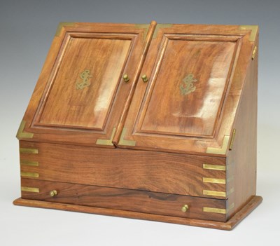 Lot 382 - Hardwood and brass bound Campaign-style slope-front stationery box