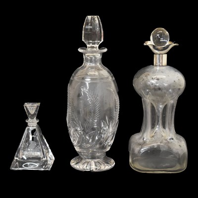 Lot 270 - Edward VII silver mounted glug glug decanter, a Stuart crystal decanter, and a nightcap decanter