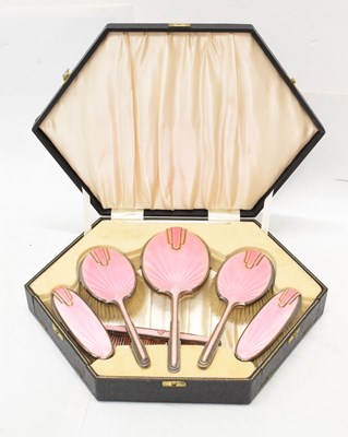 Lot 263 - George VI Art Deco silver and pink enamel six-piece dressing table set