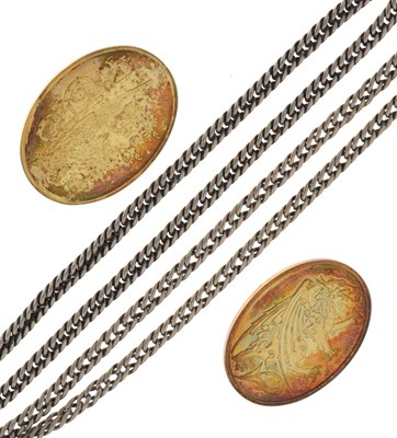 Lot 253 - Pair of Danbury Mint silver gilt  medallions and a silver long chain