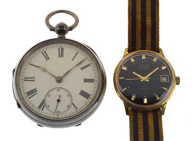 Lot 226 - Late Victorian silver open faced pocket watch and Avia Olympic wristwatch