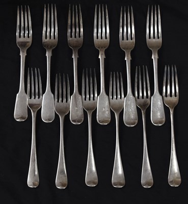 Lot 231 - Matched set of six Georgian Old English pattern table forks, together with six Fiddle pattern table forks