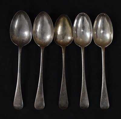 Lot 232 - George III silver tablespoon, sponsor's mark of Peter, William & Anne Bateman, together with four silver tablespoons