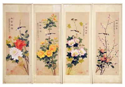 Lot 583 - Set of four Japanese silks of birds in floral foliage